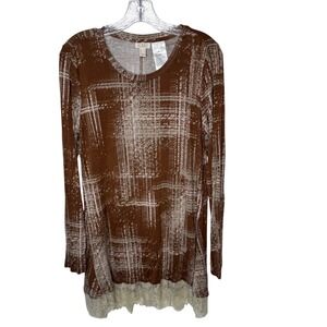 LOGO‎ by Lori Goldstein Brown Plaid Lace Trim Tunic Top Women's M Long Sleeve